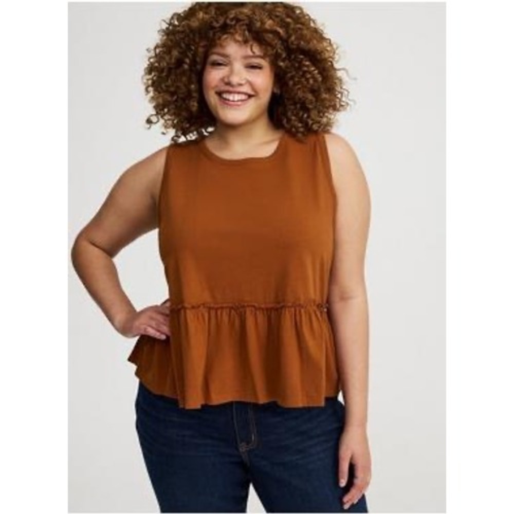 Torrid Caramel Cafe Brown Cotton Crew Neck Babydoll Peplum Tank Top 1 1X 14-16